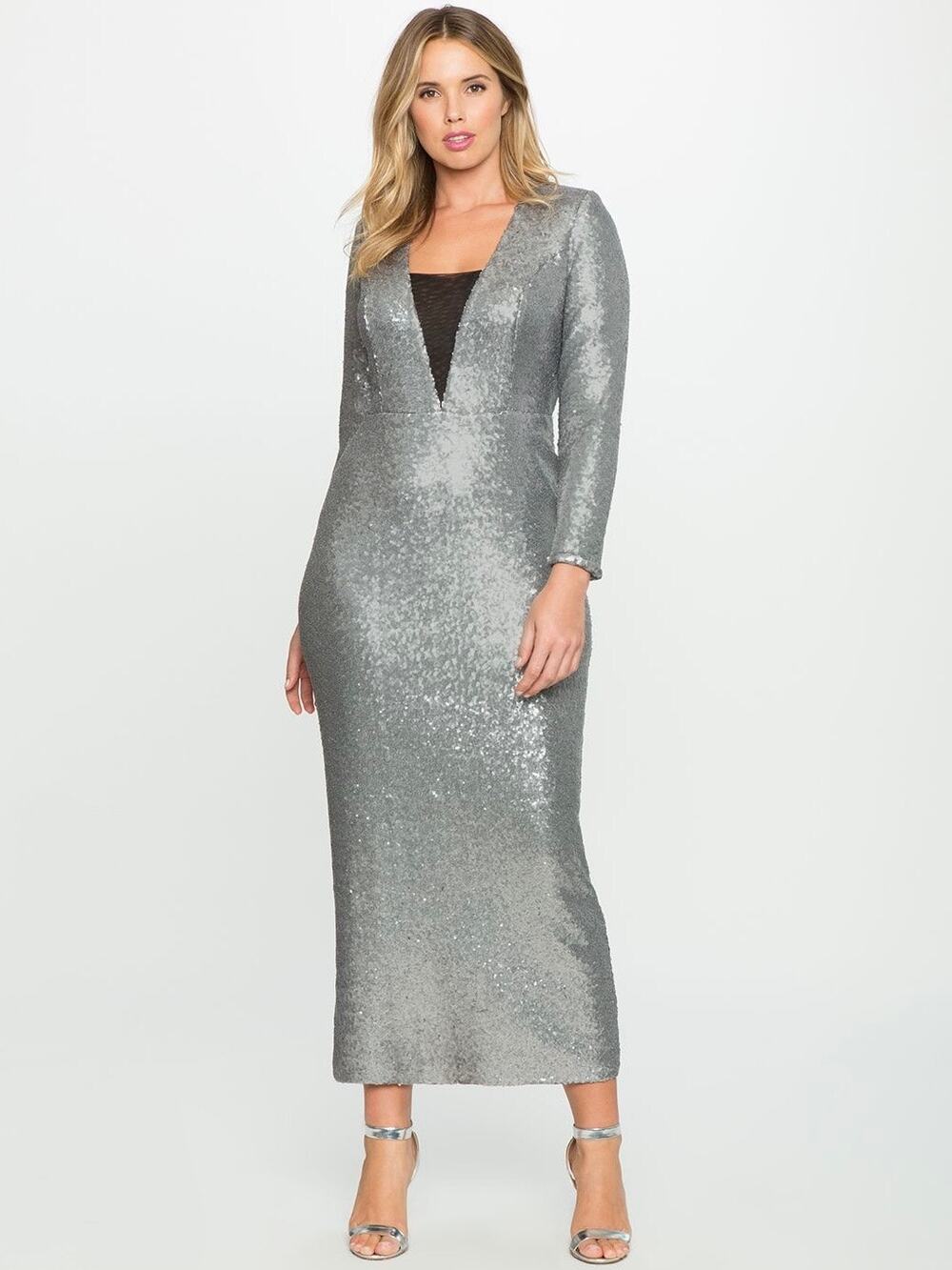 Eloquii Studio Gray Silver Sequin Maxi Dress Gown Sz.16W NWT